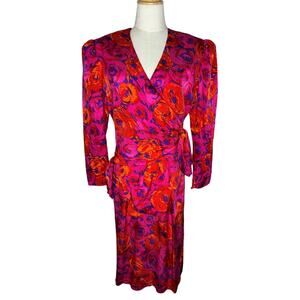 Vintage Flora Kung 100% Silk Pink Orange Floral Dress w/ Bows on sides Size 12